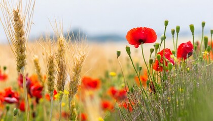red flowers and wheat in field in white background