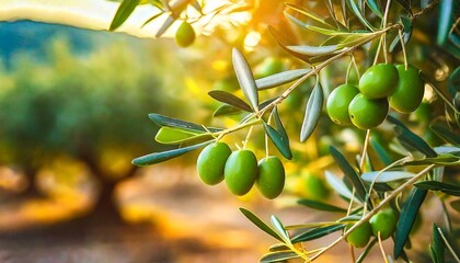 olive fruit tree garden branch close up sunlight background mediterranean olive trees growing - Powered by Adobe