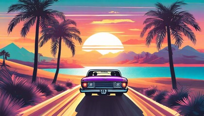 summer vibes 80s style illustration with car driving into sunset generative ai - obrazy, fototapety, plakaty