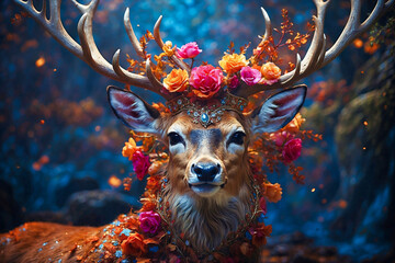A deer with flowers on its head