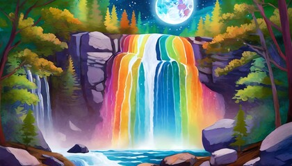 illustration of rainbow colored melted moon over the waterfall in the woods generative ai