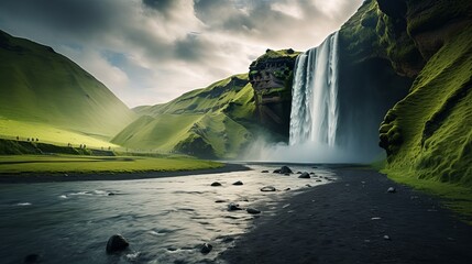 Skogafoss in iceland has a beautiful waterfall that is surrounded by green hills.