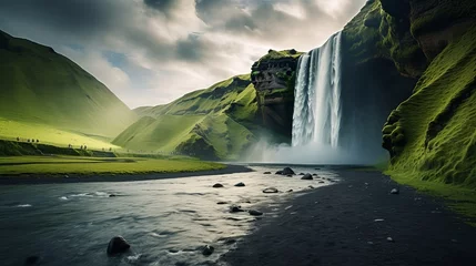 Abwaschbare Fototapete Skogafoss in iceland has a beautiful waterfall that is surrounded by green hills. © Shabnam
