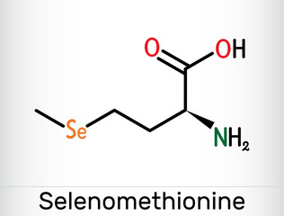 Selenomethionine molecule. It is naturally occurring amino acid. Skeletal chemical formula