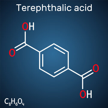 Terephthalic acid molecule. It is benzenedicarboxylic acid, precursor to the polyester PET. Structural chemical formula on the dark blue background