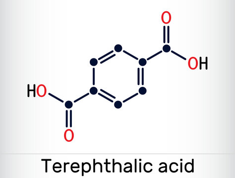 Terephthalic acid molecule. It is benzenedicarboxylic acid, precursor to the polyester PET. Skeletal chemical formula.
