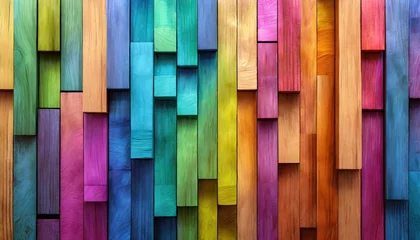 Fototapete abstract geometric rainbow colors colored 3d wooden square cubes texture wall background banner illustration panorama long textured wood wallpaper generative ai © Sawyer