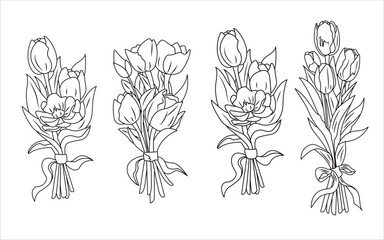 Set of tulip flowers line illustration vector graphic - obrazy, fototapety, plakaty