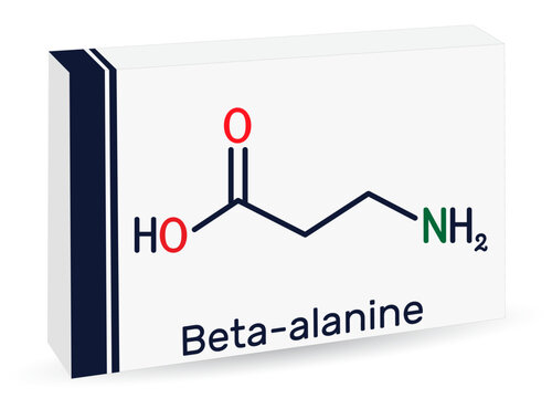 Beta-alanine or &beta;-Alanine molecule. It is naturally occurring beta amino acid. Skeletal chemical formula. Paper packaging for drugs