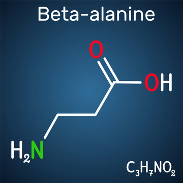 Beta-alanine or &beta;-Alanine molecule. It is naturally occurring beta amino acid. Structural chemical formula on the dark blue background.