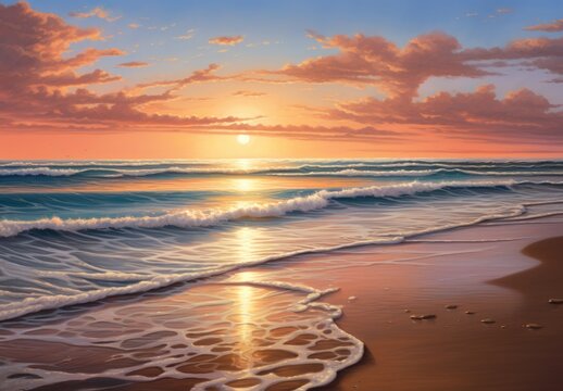 beach with waves and the sun setting in the background. The water is calm and the sky is filled with clouds