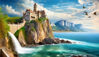 seascape with an old castle on a cliff and a waterfall digital mural - obrazy, fototapety, plakaty