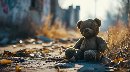 Fotobehang Teddy bear left behind in a Forgotten Playground, Convey the melancholic beauty of an abandoned cityscape. © LiezDesign