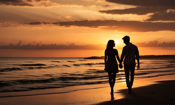 silhouette of a couple on the beach at sunset 