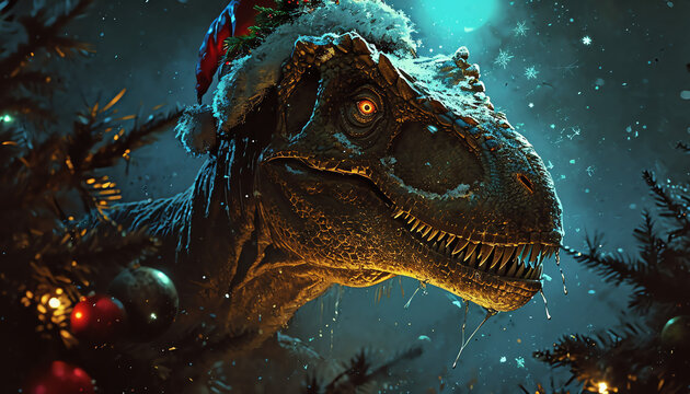 Dinosaurier, t-Rex mit Weihnachtsmütze