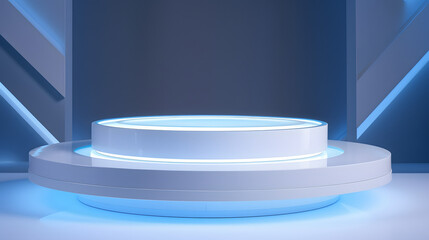 Beautiful futuristic technological light blue podium with light white CERAMIC panels for product presentation