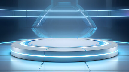 Beautiful futuristic technological light blue podium with light white CERAMIC panels for product presentation