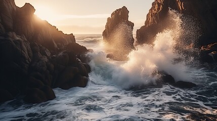 This is a stunning image of a sea that is wavy and surrounded by rocks and cliffs