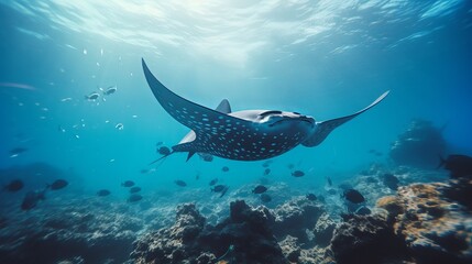 While scuba diving on the ecuador coast of galapagos, we saw black-spotted eagle rays swimming and also spotted mobula rays. - obrazy, fototapety, plakaty