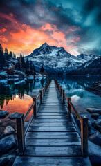 A pier by a lake in the mountains - obrazy, fototapety, plakaty