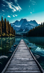 A pier by a lake in the mountains - obrazy, fototapety, plakaty