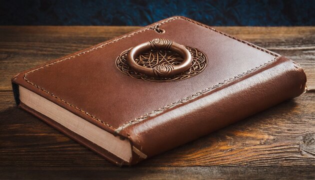 brown leather book with carved ouroboros symbol