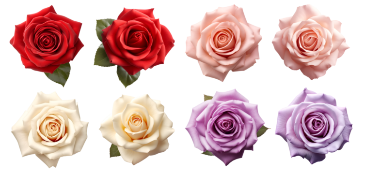Collection set of red pink cream lavender violet stalk of rose roses flower floral top view on transparent background cutout, PNG file. Mockup template artwork graphic design