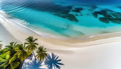Fototapeta na wymiar aerial beach landscape minimalist beach view from drone or airplane palm shadows in white sand near blue sea with beautiful ripples and waves perfect summer beach landscape banner exotic blue sea