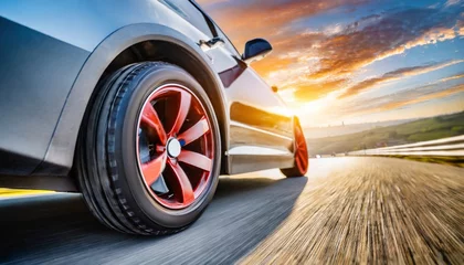 Foto op Canvas close up of wheel of fast sports car on highway high speed auto in motion blur © Raegan