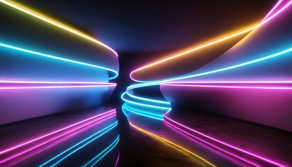 3d render abstract neon background fluorescent ines glowing in the dark room with floor reflection virtual dynamic ribbon fantastic panoramic wallpaper energy concept
