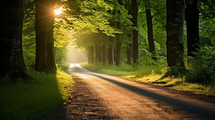 A narrow road is situated in a green grassy field that is surrounded by green trees and lit by the bright sun.