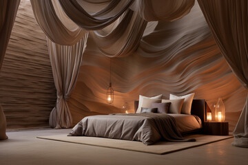 A 3D carved sandstone wall pattern in a desert-inspired bedroom with a canopy bed and linen drapery. 8k,