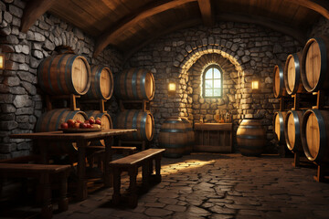 A 3D cobblestone wall pattern in a rustic wine cellar with wooden barrels and a tasting table. 8k,