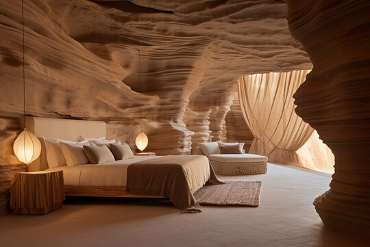 A 3D carved sandstone wall pattern in a desert-inspired bedroom with a canopy bed and linen drapery. 8k,