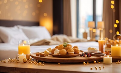 food and decorations with defocused hotel bedroom background