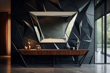 A 3D geometric mirror wall pattern in a modern entryway with a sleek console table and ambient...