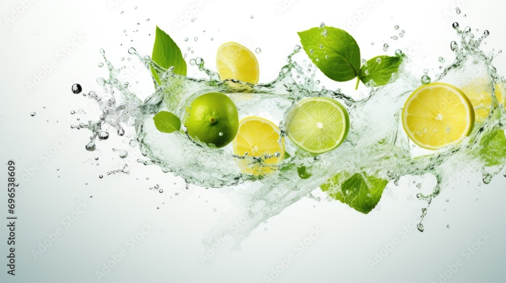 Poster lemons and limes being dropped into a glass of water, creating a refreshing and vibrant image. ideal