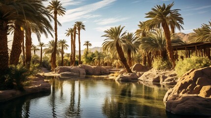 Fototapeta na wymiar During hot, there is an oasis with palm trees and a pond in the desert.