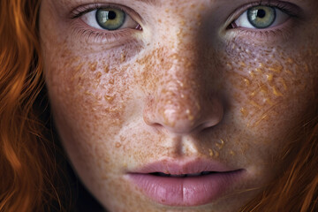 Close-up of a woman with green eyes and freckles
