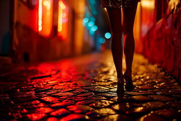 Woman in a short skirt, high heels, walking or standing on a cobblestone street in a night life district at night. Concept of prostitution, and dangers for women at night. - obrazy, fototapety, plakaty