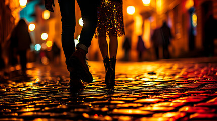 Young woman with a short skirt and high heels, walking on a city street alone at night, getting stalked by a man. Concept of assault on women alone in the night.  - obrazy, fototapety, plakaty