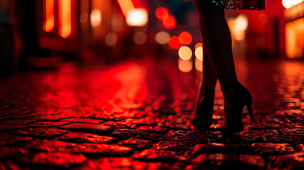 Woman standing in a red light district wearing a short skirt and high heels on a cobblestone street. Concept of prostitution and human trafficking.	