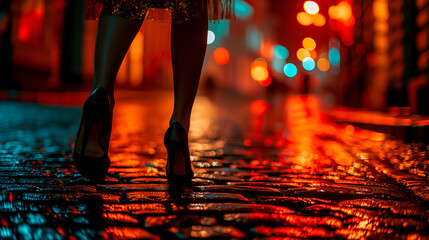 Woman standing in a red light district wearing a short skirt and high heels on a cobblestone street. Concept of prostitution and human trafficking.	