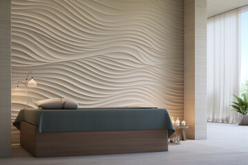 A 3D ripple effect wall pattern in a serene spa area with a minimalist massage table and bamboo...