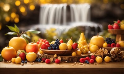 fruit and food decorations with defocused waterfall background - obrazy, fototapety, plakaty