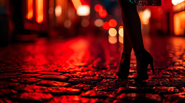 Woman standing in a red light district wearing a short skirt and high heels on a cobblestone street. Concept of prostitution and human trafficking.	