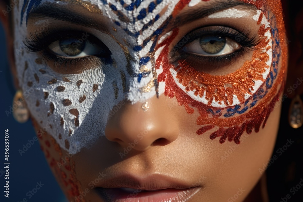 Poster Close-up view of a woman's face with a painted design. Versatile image suitable for various creative projects