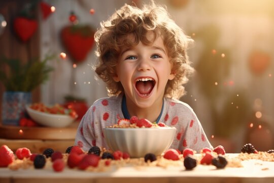 A young boy is seen eagerly preparing to eat a bowl of cereal. This image can be used to showcase a child's excitement for breakfast or as a representation of a healthy morning routine