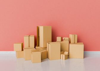 collection of cardboard boxes of different sizes arranged in a room with a pink wall and a glossy floor. Moving day or delivery concept.