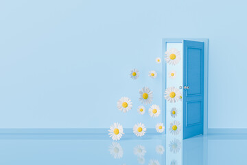 bright blue door opening to release a cascade of white daisies into a room with blue walls and a reflective floor. Freshness and the arrival of spring concept.